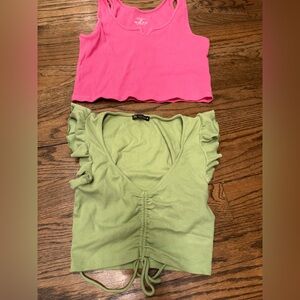 Zara Ribbed Ruched Top M Olive + Primark Pink Waffle Tank M Cropped Bundle